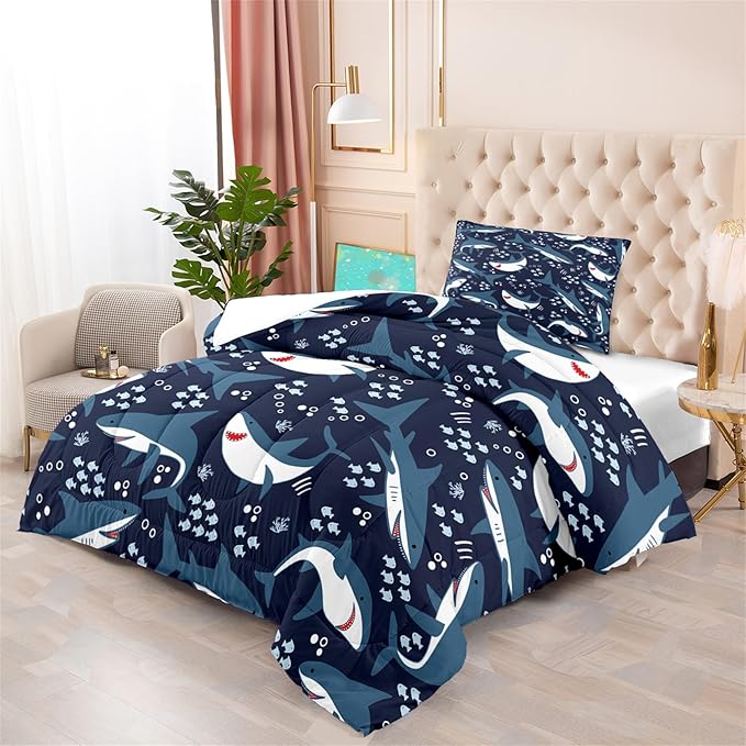 Shark Twin Comforter Set for Boys - 2Pcs Boys Sharks Bedding Set Twin Size Shark Print Comforter Set for Kids Boys Sea Animals Pattern Bedding Set for Bedroom, 1 Comforter with 1 Pillowcases - LeafyLoom
