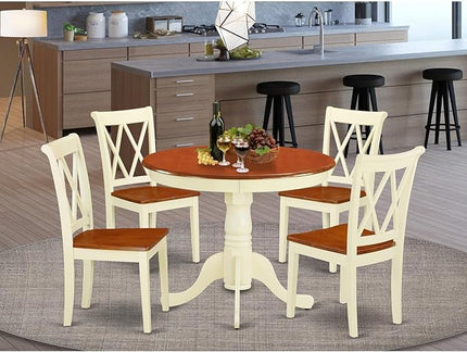 East West Furniture ANCL5-BMK-W Antique 5 Piece Set for 4 Includes a Round Kitchen Table with Pedestal and 4 Dining Room Chairs, 36x36 Inch - LeafyLoom