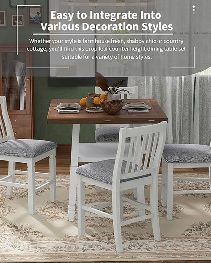 5-Piece Counter Height Round Set in 2 Table Sizes with 4 Folding Leaves and Upholstered Chairs for Dining Room (Espresso+White+Gray Cushion), 38"~54" L x 38"~54" W x 36.2" H - LeafyLoom