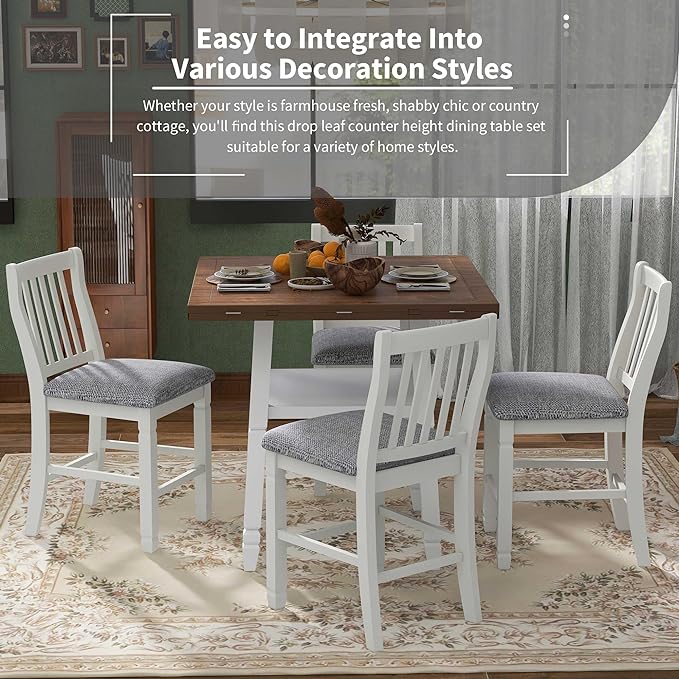 5-Piece Counter Height Round Set in 2 Table Sizes with 4 Folding Leaves and Upholstered Chairs for Dining Room (Espresso+White+Gray Cushion), 38"~54" L x 38"~54" W x 36.2" H - LeafyLoom