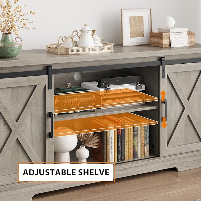 Entertainment Center for 65 Inch TV, Farmhouse TV Stand Media Console Table, Tall TV Stand with Sliding Barn Doors, Storage and Shelves, Wood TV Console Cabinet Furniture for Living Room, Grey - LeafyLoom