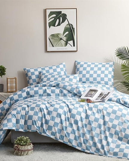 Wellboo Blue White Plaid Comforter Sets Queen Women Men Light Blue and White Checkerboard Grid Bedding Comforters Cotton Boys Girls Modern Dusty Blue Checkered Geometric Quilts Luxury Sky Blue Bed - LeafyLoom