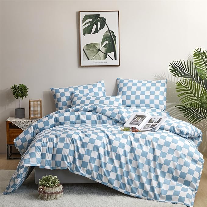 Wellboo Blue White Plaid Comforter Sets Queen Women Men Light Blue and White Checkerboard Grid Bedding Comforters Cotton Boys Girls Modern Dusty Blue Checkered Geometric Quilts Luxury Sky Blue Bed - LeafyLoom