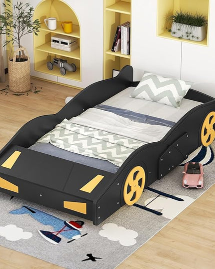 Twin Size Car Bed with Storage Space,Race Car-Shaped Platform Wooden Bedframe W/Wheels,No Box Spring Required,for Boys Toddlers Kids Child's Bedroom,Black+Yellow - LeafyLoom