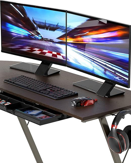 SHW Vista L-Shape Desk with Monitor Stand, Espresso - LeafyLoom