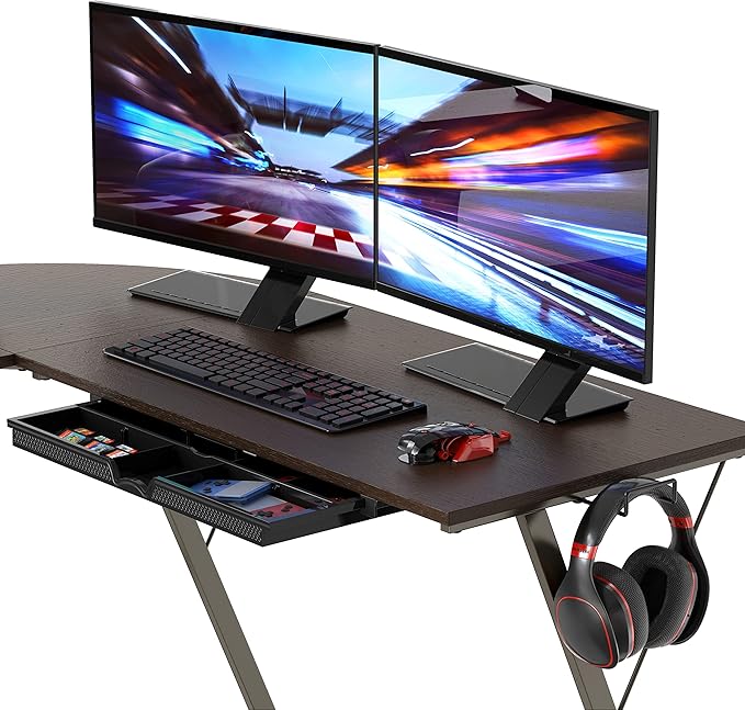 SHW Vista L-Shape Desk with Monitor Stand, Espresso - LeafyLoom