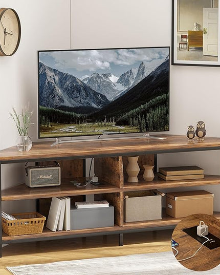 MUTUN Corner TV Stand with Power Outlet, Corner TV Stand for 32 43 50 55 60 Inch TV, Corner Entertainment Center, Industrial TV Console Table for Living Room Bedroom, 55 Inch, Rustic Brown - LeafyLoom