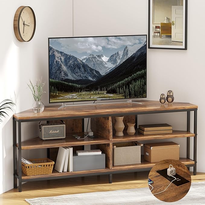 MUTUN Corner TV Stand with Power Outlet, Corner TV Stand for 32 43 50 55 60 Inch TV, Corner Entertainment Center, Industrial TV Console Table for Living Room Bedroom, 55 Inch, Rustic Brown - LeafyLoom