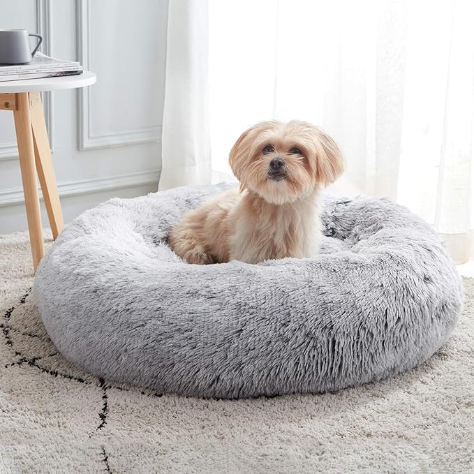 Donut Dog Cuddler Bed Calming, Anti-Anxiety, Warming Cozy Soft Dog Round Bed, Fluffy Faux Fur Plush Dog Cat Cushion bed for Small Medium Dogs and Cats (20"/24"/27"/30") WESTERNHOME