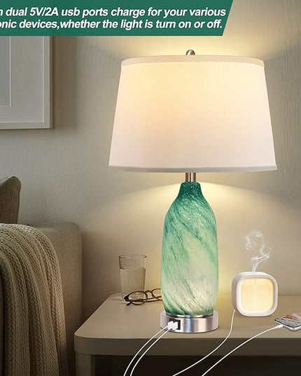 Contemporary Lake Green Glass Table Lamp with 2 USB Ports, 24.5'' Bedside Lamps Built in LED Nightlight with White Shade Coastal Modern Style Nightstand Lamp for Living Room Bedroom Office Décor - LeafyLoom