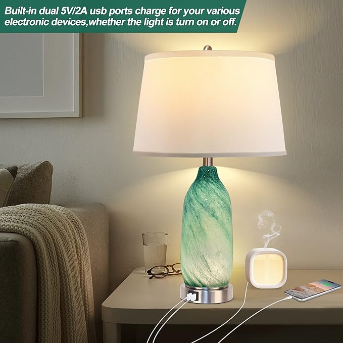 Contemporary Lake Green Glass Table Lamp with 2 USB Ports, 24.5'' Bedside Lamps Built in LED Nightlight with White Shade Coastal Modern Style Nightstand Lamp for Living Room Bedroom Office Décor - LeafyLoom