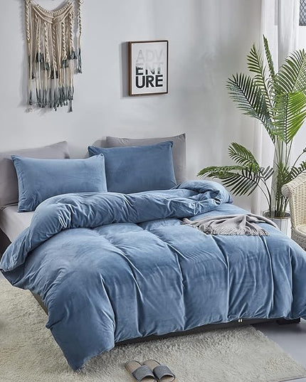 Wellboo Blue Velvet Bedding Comforter Sets California King Adults Men Solid Lake Blue Fluffy Comforters Cotton Women Plain Haze Blue Flannel Quilts Cal King Micromink Sherpa Blankets Aesthetic Bed - LeafyLoom
