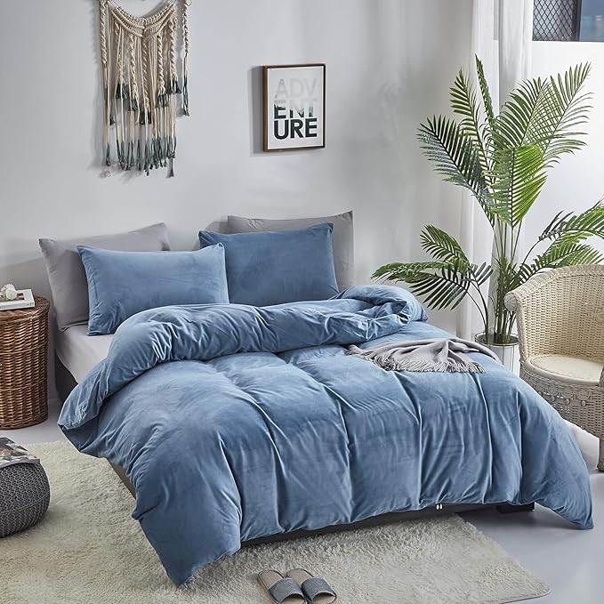 Wellboo Blue Velvet Bedding Comforter Sets California King Adults Men Solid Lake Blue Fluffy Comforters Cotton Women Plain Haze Blue Flannel Quilts Cal King Micromink Sherpa Blankets Aesthetic Bed - LeafyLoom
