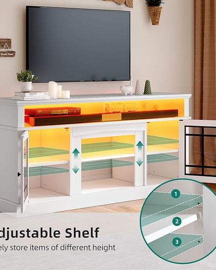 YITAHOME White TV Stand for 75/65 Inch TVs, 32'' Tall Mid Century Modern TV Cabinet with Adjustable Shelves and Glass Doors, Modern Entertainment Center TV Media Console Table for Living Room - LeafyLoom
