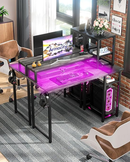 armocity 2024 Upgrade Gaming Desk with LED Lights, Small Computer Desk with Long Monitor Stand, 40'' Reversible Laptop Table with Storage Shelves, Small Desk for Small Spaces, Gaming Room, Grey - LeafyLoom