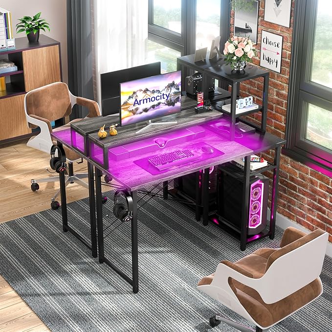 armocity 2024 Upgrade Gaming Desk with LED Lights, Small Computer Desk with Long Monitor Stand, 40'' Reversible Laptop Table with Storage Shelves, Small Desk for Small Spaces, Gaming Room, Grey - LeafyLoom