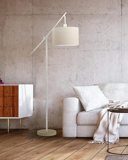 Globe Electric Serena 66" Floor Lamp, Matte White, Faux Wood Accents, Jute Shade, Dimmable Rotary Switch on Socket - LeafyLoom