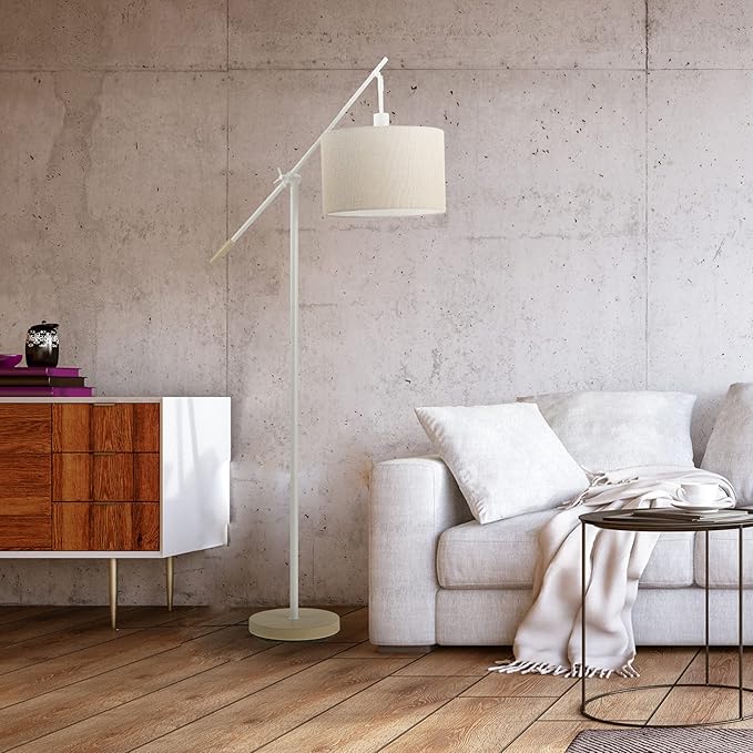 Globe Electric Serena 66" Floor Lamp, Matte White, Faux Wood Accents, Jute Shade, Dimmable Rotary Switch on Socket - LeafyLoom