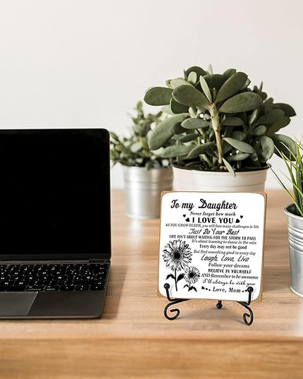 Daughter Gift from Mom, To My Daughter Gift Desk Decor Wood Plaque with Stand, Home Office Table Desk Sign Keepsake -A36 - LeafyLoom