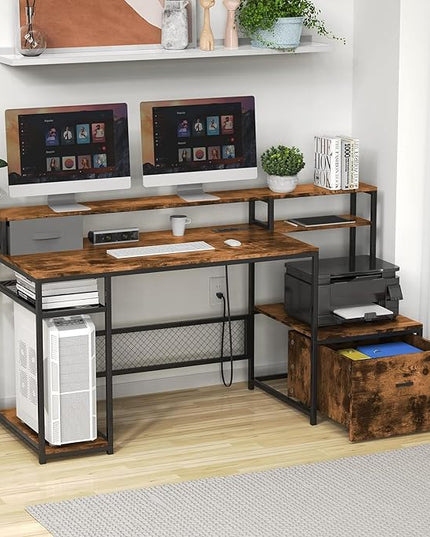 Home Office Desks with Drawers, 66'' Computer Desk with Storage, Office Desk with Monitor Stand, Work Desk with Outlets and USB, Gaming Table Desk with File Cabinet for Home Office Table, Brown - LeafyLoom