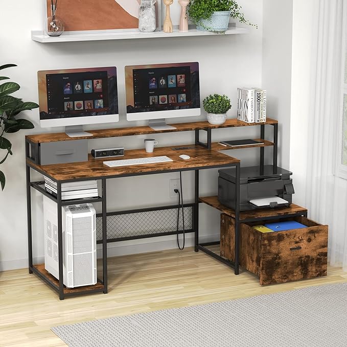 Home Office Desks with Drawers, 66'' Computer Desk with Storage, Office Desk with Monitor Stand, Work Desk with Outlets and USB, Gaming Table Desk with File Cabinet for Home Office Table, Brown - LeafyLoom