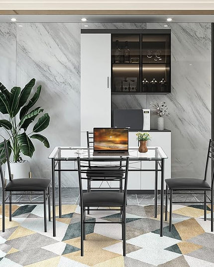 Tangkula 5 Pieces Dining Set 4 Person Home Kitchen Glass Top Table and Chairs Breakfast Furniture, 43.5 x 27.5 x 30 inches,16 x 17 x 34 inches, Black - LeafyLoom