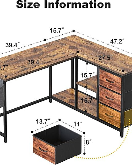 Treesland L Shaped Desk with Drawers, Computer Desk with Storage & Shelves, Corner Desk with Storage, Home Office Desks with Drawers, L Shape Desks with Storage, Brown - LeafyLoom