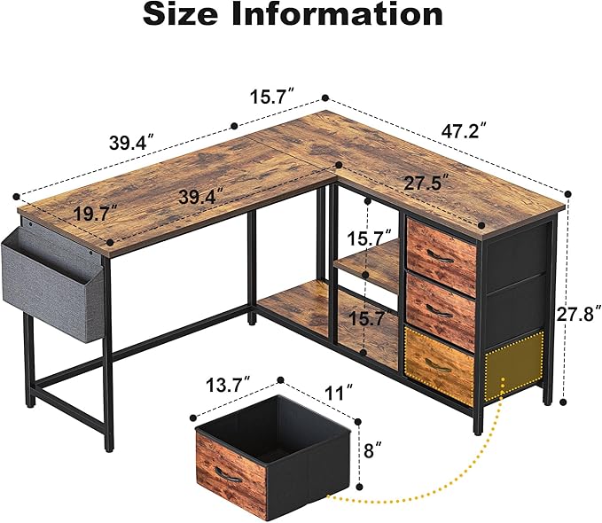 Treesland L Shaped Desk with Drawers, Computer Desk with Storage & Shelves, Corner Desk with Storage, Home Office Desks with Drawers, L Shape Desks with Storage, Brown - LeafyLoom
