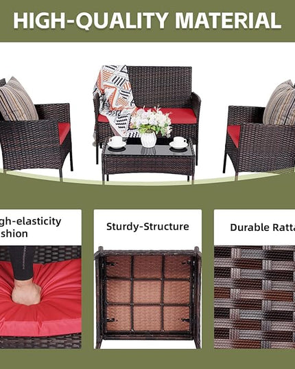 Patio Furniture Set 4 Pieces Conversation Sets Outdoor Wicker Rattan Chairs Garden Backyard Balcony Porch Poolside Loveseat with Soft Cushion and Tempered Glass Table(Brown/Red) - LeafyLoom