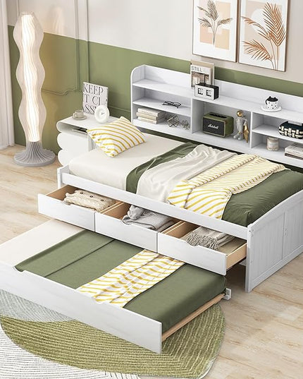 Twin Size Captain Bed with 3 Storage Drawers and Trundle, Wood Twin Bed Frame with Built-in Bookshelves for Kids Teens Adults, White Wash - LeafyLoom