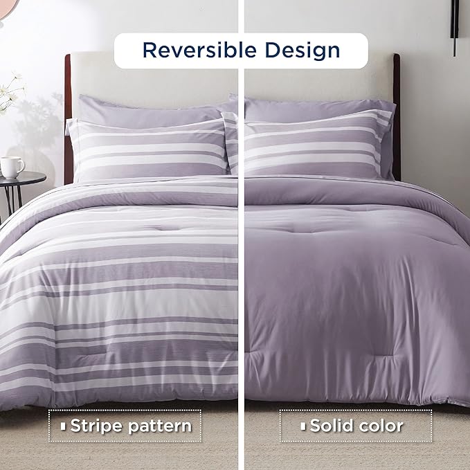 Bedsure Bed in a Bag King Size 7 Pieces, Purple White Striped Bedding Comforter Sets All Season Bed Set, 2 Pillow Shams, Flat Sheet, Fitted Sheet and 2 Pillowcases - LeafyLoom