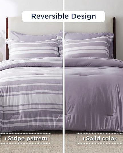 Bedsure Bed in a Bag Full Size 7 Pieces, Purple White Striped Bedding Comforter Sets All Season Bed Set, 2 Pillow Shams, Flat Sheet, Fitted Sheet and 2 Pillowcases - LeafyLoom