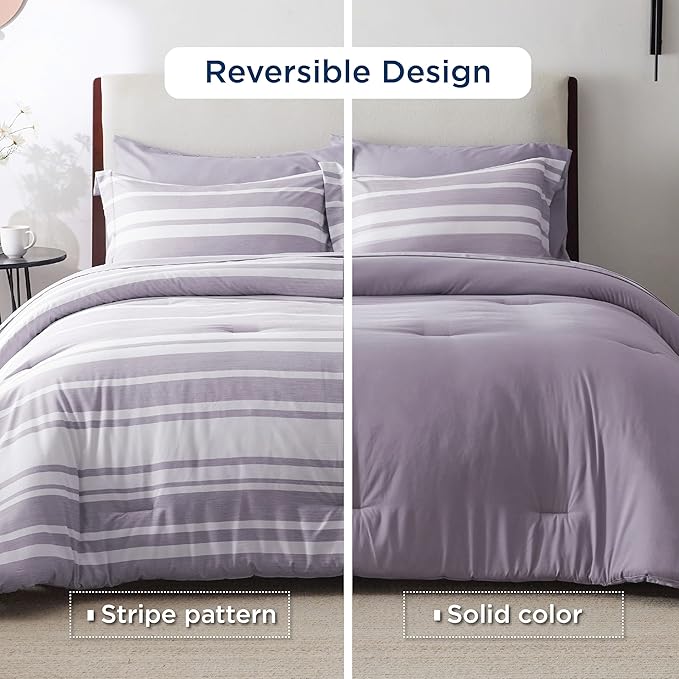 Bedsure Bed in a Bag Twin Size 5 Pieces, Purple White Striped Bedding Comforter Sets All Season Bed Set with 1 Pillow Sham, Flat Sheet, Fitted Sheet and 1 Pillowcase - LeafyLoom