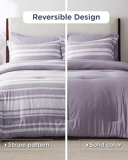 Bedsure Bed in a Bag California King Size 7 Pieces, Purple White Striped Bedding Comforter Sets All Season Bed Set, 2 Pillow Shams, Flat Sheet, Fitted Sheet and 2 Pillowcases - LeafyLoom