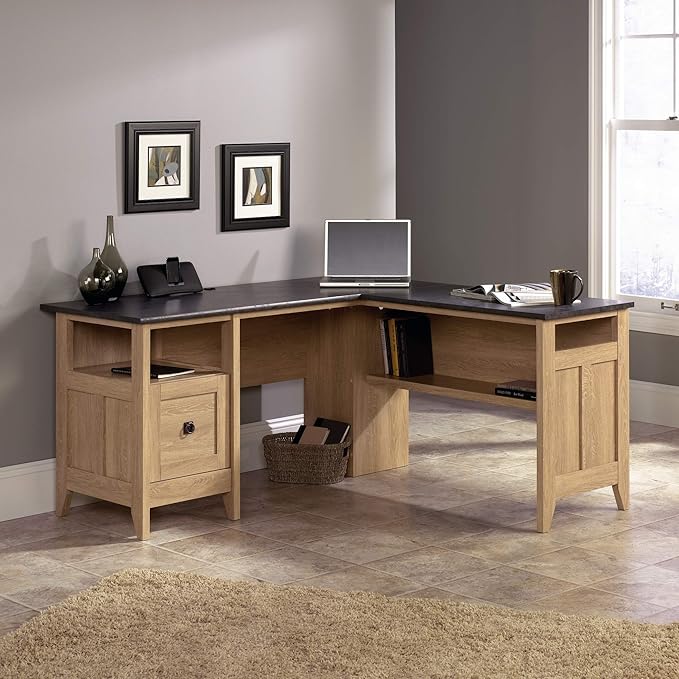 Sauder August Hill L-Shaped Desk, L: 59.06" x W: 58.74" x H: 29.25", Dover Oak finish - LeafyLoom