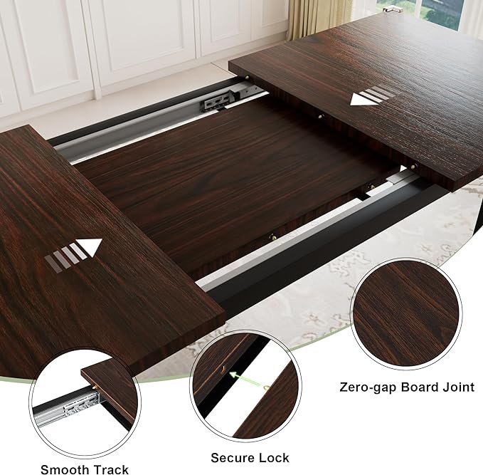 Feonase 7-Piece Dining Table Set with 6 Stools, 63" Large Extendable Kitchen Table Set for 4-8, Mid-Century Dining Room Table with Heavy-Duty Frame, Easy Assembly, Espresso - LeafyLoom