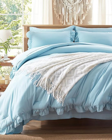 Anluoer Queen Comforter Set 7 Piece, Blue Bed in a Bag with Sheets, All Season Ruffle Shabby Chic Bedding Sets with 1 Comforter, 2 Pillow Shams, 2 Pillowcases, 1 Flat Sheet, 1 Fitted Sheet - LeafyLoom