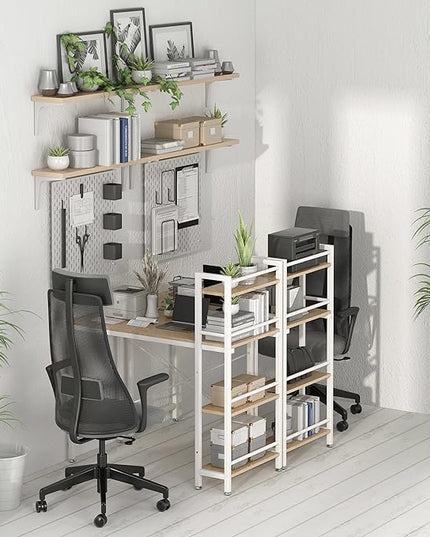 4NM 35" Small Computer Desk with 4-Tier Bookshelf, Home Office Desk Writing Workstation Study Table Multipurpose for Small Space Work - Natural and White - LeafyLoom