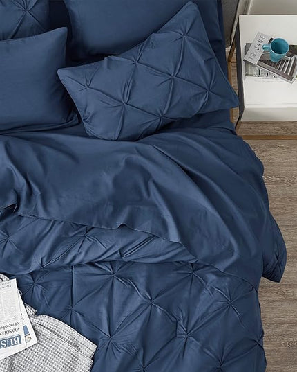 Bedsure California King Comforter Set - Cal King Bed Set 7 Pieces, Pinch Pleat Navy Blue Cali King Bedding Set with Comforter, Sheets, Pillowcases & Shams - LeafyLoom