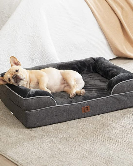 EHEYCIGA Orthopedic Dog Beds for Large Dogs, Waterproof Memory Foam Large Dog Bed with Sides, Non-Slip Bottom and Egg-Crate Foam Large Dog Couch Bed with Washable Removable Cover, Dark Grey EHEYCIGA