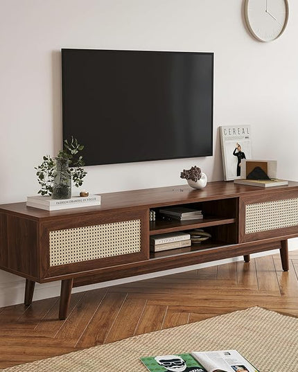 STARY 65''Mid Century Modern TV Stand,Boho Media Console Entertainment Center with Cable Management for Living Room, Walnut - LeafyLoom