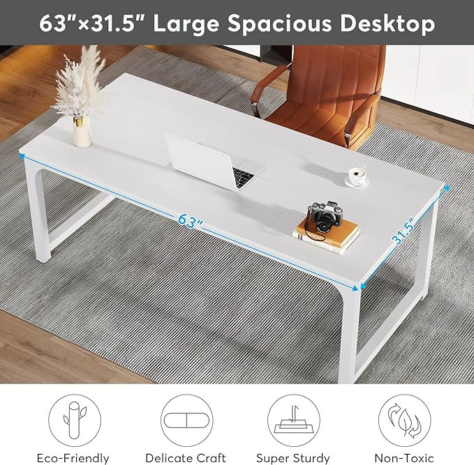 Tribesigns Modern Computer Desk, 63 x 31.5 inch Large Executive Office Desk Computer Table Study Writing Desk Workstation for Home Office, Spliced Desktop, White - LeafyLoom