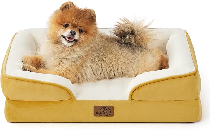 Bedsure Small Orthopedic Dog Bed - Washable Bolster Dog Sofa Beds for Small Dogs, Supportive Foam Pet Couch Bed with Removable Washable Cover, Waterproof Lining and Nonskid Bottom, Spicy Mustard BEDSURE