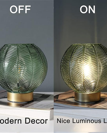 Battery Powered Lamp with Timer, Cordless Battery Operated Table Lamp with LED Bulb, Decorative Small Lamp Glass for Nightstand Bedside Bedroom Living Room-Green - LeafyLoom