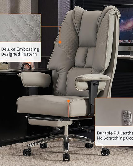 Big and Tall Office Chair 400lbs Wide Seat, Leather High Back Executive Office Chair with Foot Rest, Ergonomic Office Chair Lumbar Support for Lower Back Pain Relief (Light Grey) - LeafyLoom