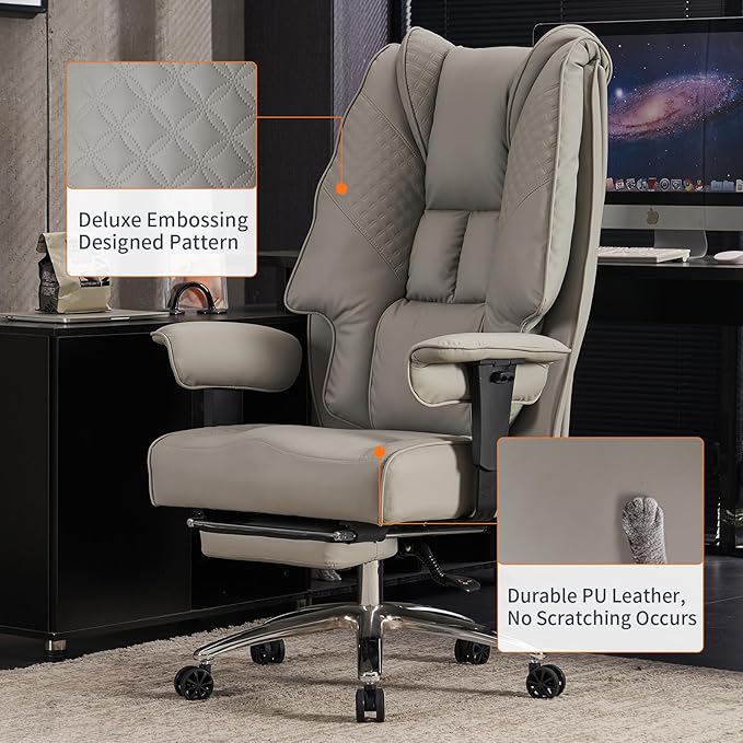 Big and Tall Office Chair 400lbs Wide Seat, Leather High Back Executive Office Chair with Foot Rest, Ergonomic Office Chair Lumbar Support for Lower Back Pain Relief (Light Grey) - LeafyLoom