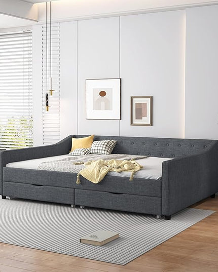 Full Size Upholstered Daybed with 2 Drawers,Wood Sofa Bed Frame W/Button Tufted Backrest and Waved Shape Arms,Slats Support,Linen Fabric Day Bed,for Bedroom,Living Room,Apartment,Dark Gray - LeafyLoom