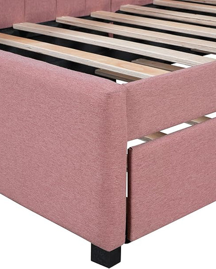Twin Size Upholstered Linen Daybed with 2 Trundle,Semi-Closed Design,Solid Wood Bed Frame,W/Backrest and Slat Support,No Box Spring Needed,for Apartment Bedroom,Pink - LeafyLoom