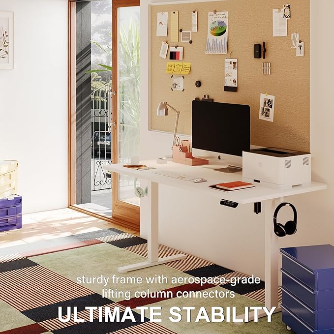 Monomi Electric Standing Desk, 63 x 28 inches Height Adjustable Desk, Ergonomic Home Office Sit Stand Up Desk with Memory Preset Controller (White Top/White Frame) - LeafyLoom