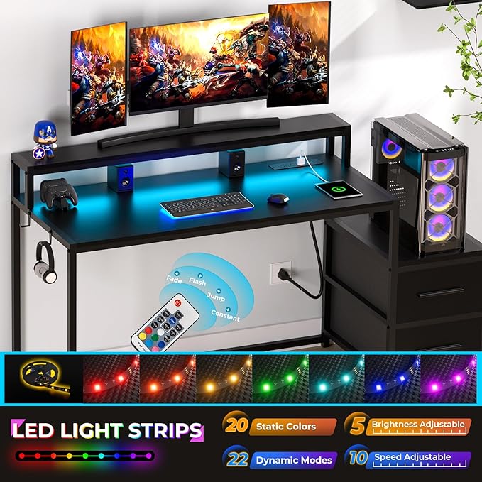 GreenForest Small Desk for Bedroom, 39.4 inch Computer Desk with 2 Drawers, Gaming Desk with LED Light and Power Outlet, Reversible Office Desk with Monitor Stand, Desk for Small Spaces, Black - LeafyLoom